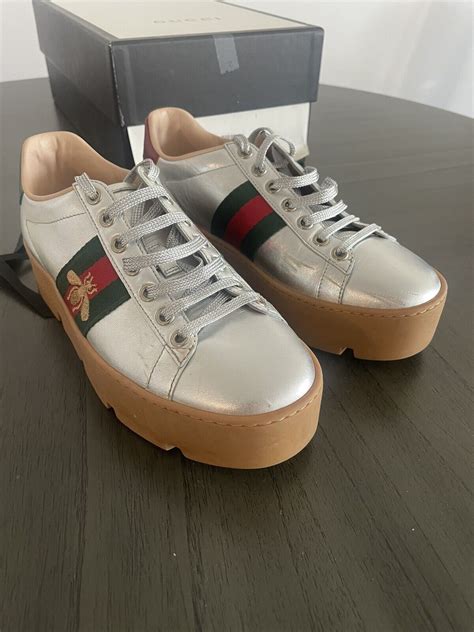 gucci platform sneakers silver|gucci ace bee embroidered sneakers.